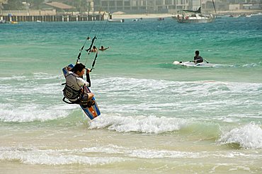 Kite surfing at Santa Maria on the island of Sal (Salt), Cape Verde Islands, Atlantic Ocean, Africa