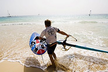 Wind surfing at Santa Maria on the island of Sal (Salt), Cape Verde Islands, Atlantic Ocean, Africa