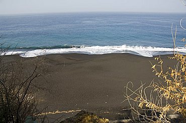 Black volcanic sand beach at Sao Filipe, Fogo (Fire), Cape Verde Islands, Atlantic Ocean, Africa