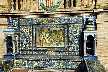 Tiled seating depicting various parts of historic Spain, Plaza de Espana erected for the 1929 Exposition, Parque Maria Luisa, Seville, Andalusia, Spain, Europe