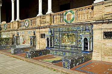 Tiled seating depicting various parts of historic Spain, Plaza de Espana erected for the 1929 Exposition, Parque Maria Luisa, Seville, Andalusia, Spain, Europe