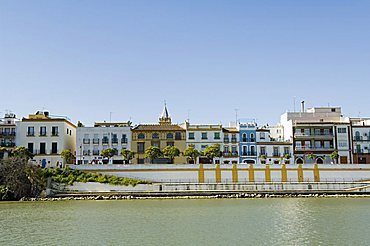 Triana district on left and the river Rio Guadalquivir, Seville, Andalusia, Spain, Europe