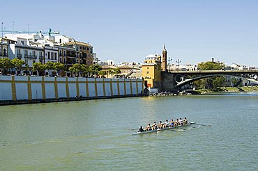 Puente de Isabel II, also known as Puente de Triana, with Triana district on left and the river Rio Guadalquivir, Seville, Andalusia, Spain, Europe