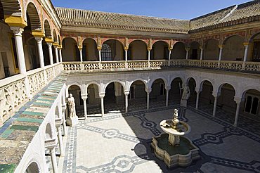 View of the Patio Principal in Casa de Pilatos, Santa Cruz district, Seville, Andalusia, Spain, Europe