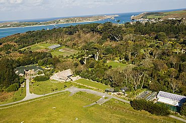 View over Abbey Gardens from helicopter, Tresco, Isles of Scilly, off Cornwall, United Kingdom, Europe