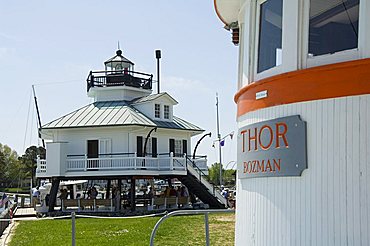 Typical historic lighthouse rescued and brought to the Chesapeake Bay Maritime Museum, St. Michaels, Talbot County, Miles River, Chesapeake Bay area, Maryland, United States of America, North America