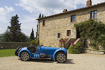 Bugatti car at the Castello di Spaltenna now a hotel, Gaiole in Chianti, Chianti, Tuscany, Italy, Europe