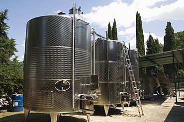 Stainless steel fermentation vats at the Villa Vignamaggio. the wine producer whose wines were the first to be called Chianti, near Greve, Chianti, Tuscany, Italy, Europe