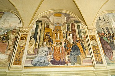 Benedictine Monastery famous for frescoes in cloisters depicting the life of St. Benedict, Monte Oliveto Maggiore, Tuscany, Italy, Europe