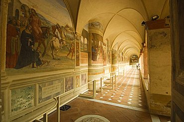 Benedictine Monastery famous for frescoes in cloisters depicting the life of St. Benedict, Monte Oliveto Maggiore, Tuscany, Italy, Europe