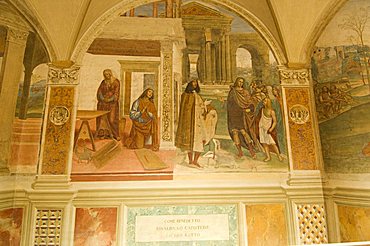 Benedictine Monastery famous for frescoes in cloisters depicting the life of St. Benedict, Monte Oliveto Maggiore, Tuscany, Italy, Europe