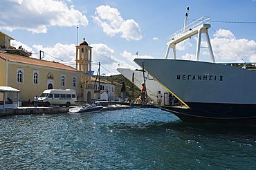 Ferry from Nidri, Lefkada arriving at Vathy on the Island of Meganisi, Ionian Islands, Greek Islands, Greece, Europe