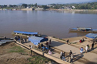 Border landing, looking across to Thailand on other side of Mekong River, at Huay Xia, Laos, Indochina, Southeast Asia, Asia