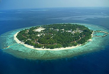 Aerial view of a tropical island in the Maldive Islands, Indian Ocean, Asia