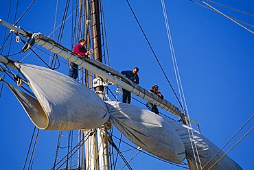 Sail furling at the Living Maritime Museum, Mystic Seaport, Connecticut, USA