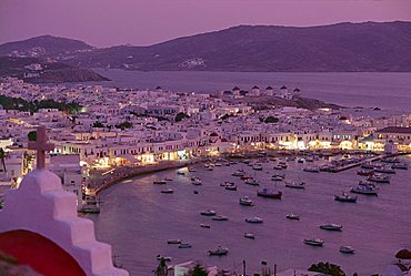 View over Mykonos town, illuminated at night, island of Mykonos (Mikonos), Cyclades, Greek Islands, Greece, Europe