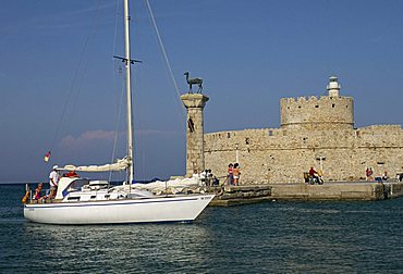 Fortress of St. Nicholas, Mandraki Harbour, Rhodes, Dodecanese islands, Greece, Mediterranean, Europe