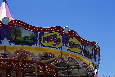 Detail of a decorated carousel on Pier 39, Fisherman's Wharf, San Francisco, California, United States of America, North America