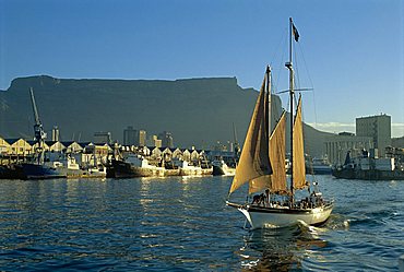 South Africa, Cape Town. Small cruise yacht leaving Victoria and Alfred Waterfront at dusk