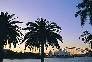 Sydney Opera House and Harbour Bridge at dusk, Sydney, New South Wales, Australia