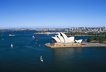 Aerial view of Sydney Opera House and harbour, Sydney, New South Wales, Australia, Pacific