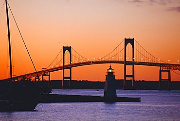 Newport Bridge and Harbor at sunset, Newport, Rhode Island, USA