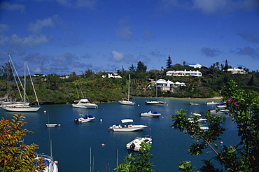 Landscape of boats in Trott's Pond, Hamilton, Bermuda, Atlantic, Central America