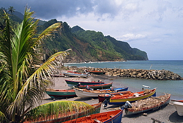 Fishing boats on beach, overcast sky and coast, island of Martinique, Lesser Antilles, French West Indies, Caribbean, Central America