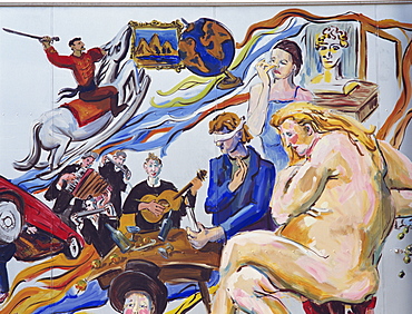 Mural of a nude woman, blindfolded man and musicians painted on the Berlin Wall in Berlin, Germany, Europe