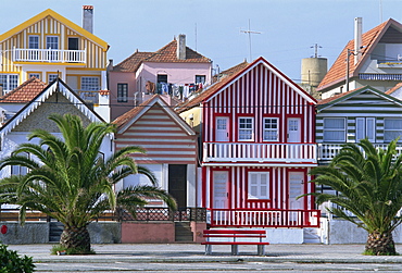 Exteriors of painted houses on a street in Costa Nova on the Beira Litoral in Portugal, Europe