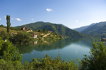 View over lake and mountains, near Konjic, Bosnia, Bosnia-Herzegovina, Europe