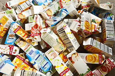 Juice cartons await recycling, Powys, Wales, United Kingdom, Europe