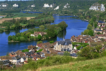 The town and church of Petit Andely part of Les Andelys on the River Seine in Haute Normandie, France, Europe