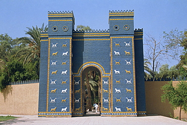 Reconstruction of the Ishtar Gate, entrance to archaeological site, Babylon, Mesopotamia, Iraq, Middle East