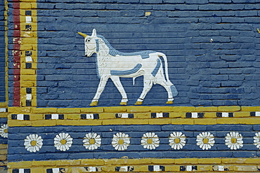 Close-up of Bull of Adad symbol on the Ishtar Gate, Babylon, Mesopotamia, Iraq, Middle East