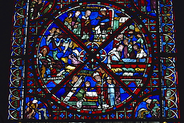 Stained glass window of Les Reliques de St. Etienne, Cathedrale St. Etienne, UNESCO World Heritage Site, Bourges, Berry, Centre, France, Europe