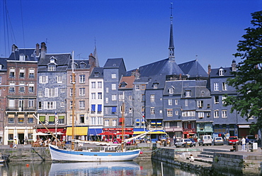 Old Harbour, St. Catherine's Quay and spire of St. Catherine's church behind, Honfleur, Basse Normandie (Normandy), France, Europe