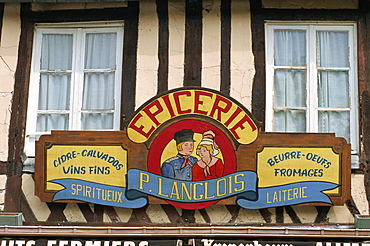 Grocer's sign, Beuvron en Auge, Auge, Normandy, France, Europe