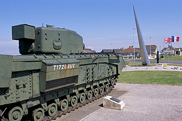 Churchill tank and monument 41 degrees RMC from D-Day in the Second World War, Lion sur Mer, Calvados, Normandy, France, Europe