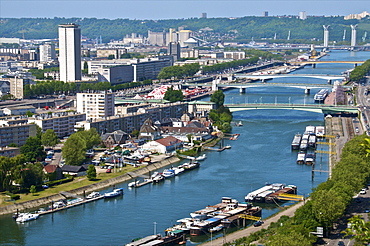 Panorama, with Lacroix Island, Seine River, bridges and boats, seen from St. Catherine Mountain, Rouen, Normandy, France, Europe