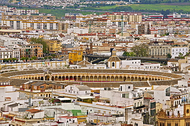 Maestranza bull ring and the historic center, seeen from the Giralda Tower, Seville, Andalusia, Spain, Europe