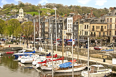 The Vieux Bassin, Old Town and boats moored along the quay, Honfleur, Calvados, Normandy, France, Europe