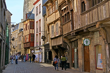 Medieval half timbered houses in streets of old town, Dinan, Brittany, France, Europe 