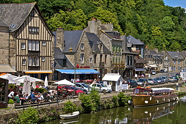 Cafes and restaurants, Dinan harbour beside the Rance River, Dinan, Brittany, France, Europe 