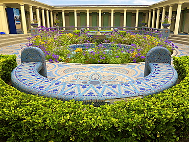 Mosaic bench in the Pompeian Baths and their basins, Deauville, Calvados, Normandy, France, Europe