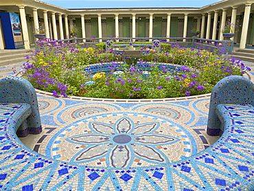 Mosaic bench in the Pompeian Baths and their basins, Deauville, Calvados, Normandy, France, Europe