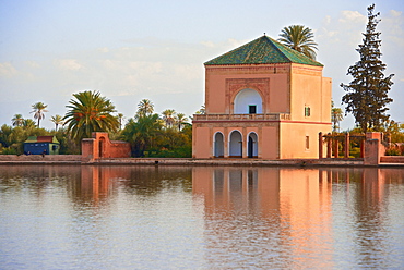 Water Basin dating from the 12th century Almohade period and Pavilion, Menara Gardens, Marrakech, Morocco, North Africa, Africa 