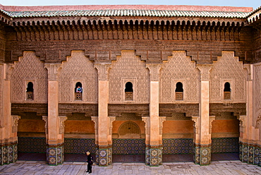 Patio, students' rooms windows and walls with floral and geometrical motifs, Koranic School of Medersa Ben Youssef dating from 1570, UNESCO World Heritage Site, Marrakech, Morroco, North Africa, Africa