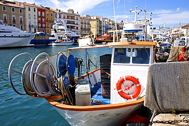 Fishing boat and fishing nets, Bouzigues, Thau basin, Herault, Languedoc, France, Europe