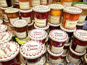 Heaps of jam pots ready for sale, Brittany, France, Europe